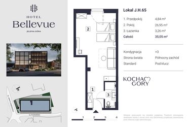 Rzut - Mieszkanie na sprzedaż 1 pokój o powierzchni 35,05 m² - numer 65 w Hotel Bellevue