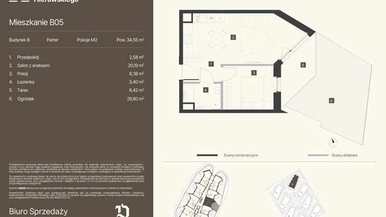 Rzut - Mieszkanie na sprzedaż 2 pokoje o powierzchni 34,55 m² - numer B05 w Osiedle Hierowskiego