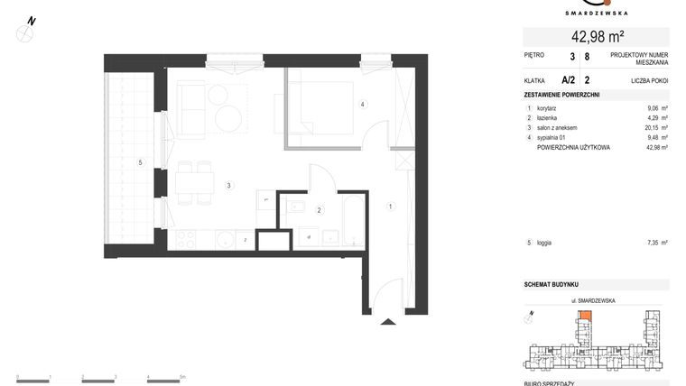 Rzut - Mieszkanie na sprzedaż 2 pokoje o powierzchni 42,98 m² - numer A/2/3.8 w Smardzewska 8