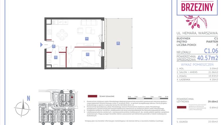 Rzut - Mieszkanie na sprzedaż 2 pokoje o powierzchni 40,57 m² - numer C1.06 w Miasteczko Brzeziny II