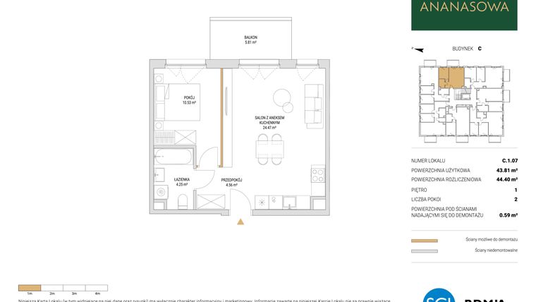 Rzut - Mieszkanie na sprzedaż 2 pokoje o powierzchni 44,4 m² - numer C.1.07 w Ananasowa