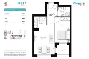 Rzut - Mieszkanie na sprzedaż 2 pokoje o powierzchni 39,16 m² - numer M II.1.2 w Glogera Bricks