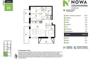 Rzut - Mieszkanie na sprzedaż 4 pokoje o powierzchni 74,32 m² - numer C20 w Nowa Częstochowa Małopolska