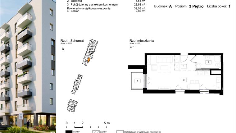 Rzut - Mieszkanie na sprzedaż 1 pokój o powierzchni 39,08 m² - numer A.36 w Osiedle Kochanowskiego - Gliwice