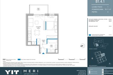 Rzut - Mieszkanie na sprzedaż 1 pokój o powierzchni 33,11 m² - numer B.1.4.1 w Meri Apartamenty