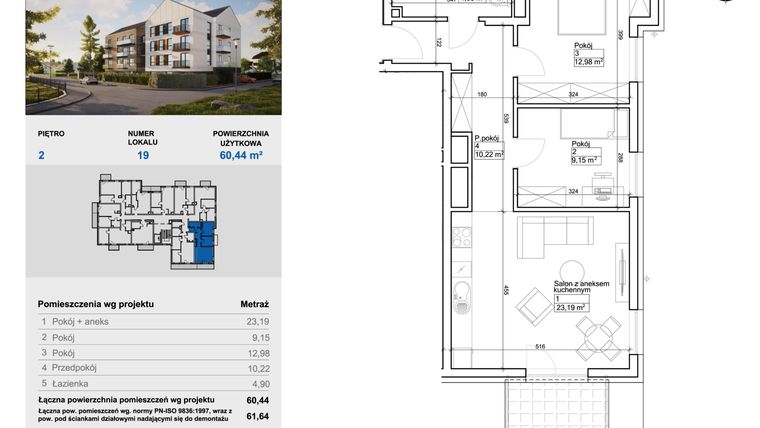 Rzut - Mieszkanie na sprzedaż 3 pokoje o powierzchni 60,84 m² - numer 19 w Balantia