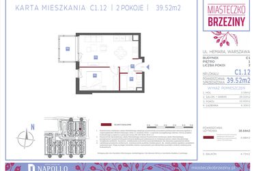 Rzut - Mieszkanie na sprzedaż 2 pokoje o powierzchni 39,52 m² - numer C1.12 w Miasteczko Brzeziny II