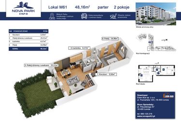 Rzut - Mieszkanie na sprzedaż 2 pokoje o powierzchni 48,16 m² - numer 61 w Nova Park etap III