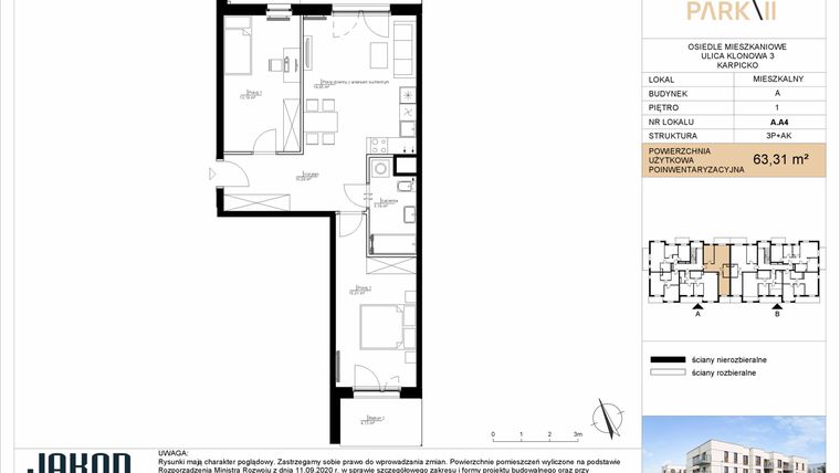 Rzut - Mieszkanie na sprzedaż 3 pokoje o powierzchni 63,31 m² - numer A.A4 w Merano Park II