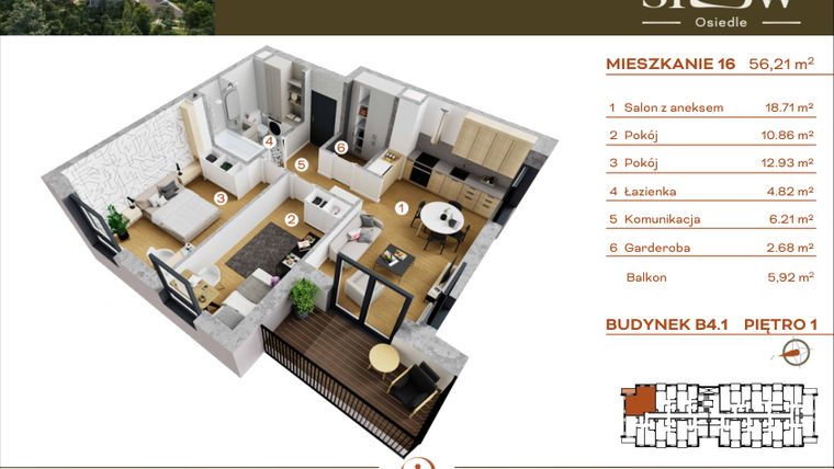 Rzut - Mieszkanie na sprzedaż 3 pokoje o powierzchni 56,21 m² - numer M16 w Osiedle SLOW