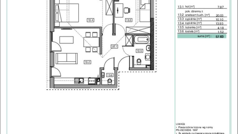 Rzut - Mieszkanie na sprzedaż 3 pokoje o powierzchni 54,02 m² - numer B3.18 w Na Wzgórzach