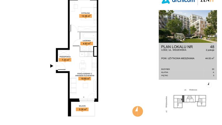 Rzut - Mieszkanie na sprzedaż 2 pokoje o powierzchni 44,93 m² - numer 3D.48 w Zenit III