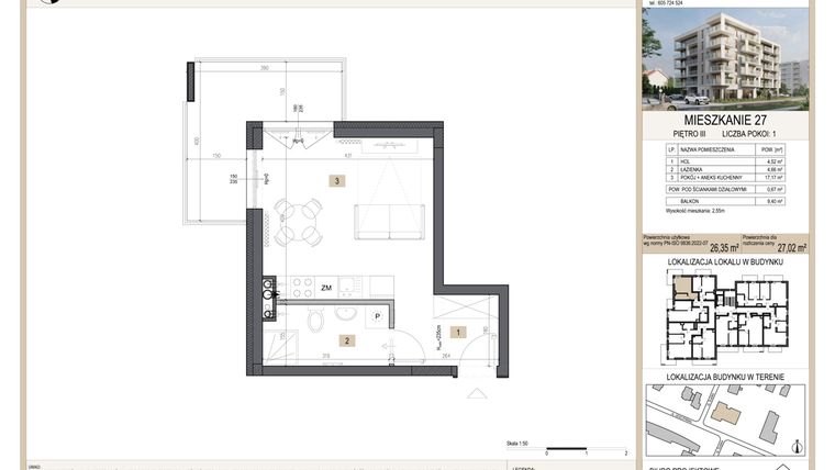 Rzut - Mieszkanie na sprzedaż 1 pokój o powierzchni 27,02 m² - numer M27 w Nova Leszczyńska