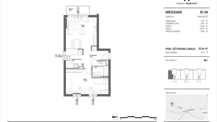 Rzut - Mieszkanie na sprzedaż 2 pokoje o powierzchni 52,64 m² - numer B1.04 w Tarasy Wierzycy