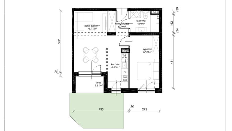 Rzut - Mieszkanie na sprzedaż 2 pokoje o powierzchni 47,33 m² - numer A.0.03.2k w Art.Teo