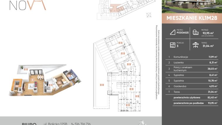 Rzut - Mieszkanie na sprzedaż 3 pokoje o powierzchni 92,95 m² - numer KL1M28 w Arka Nova