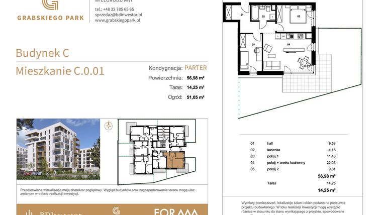 Rzut - Mieszkanie na sprzedaż 3 pokoje o powierzchni 56,98 m² - numer C.0.01 w Grabskiego Park