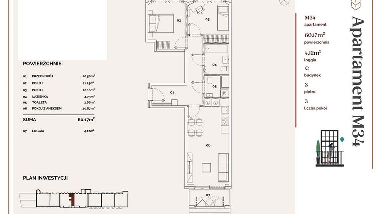 Rzut - Mieszkanie na sprzedaż 3 pokoje o powierzchni 60,17 m² - numer C.34 w Młyny Mogilska