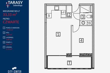 Rzut - Mieszkanie na sprzedaż 2 pokoje o powierzchni 33,33 m² - numer B2.M.4.7 w Tarasy Sobieskiego