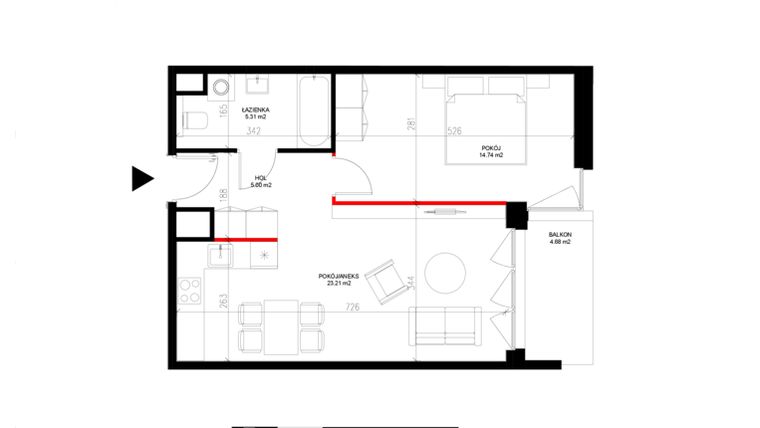 Rzut - Mieszkanie na sprzedaż 2 pokoje o powierzchni 48,26 m² - numer E.4.7 w INSPIRE ETAP IV – bud. E