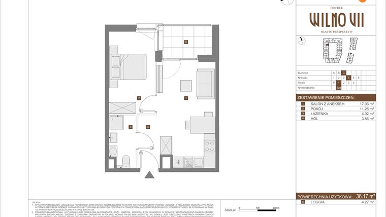 Rzut - Mieszkanie na sprzedaż 2 pokoje o powierzchni 36,17 m² - numer C.103 w Osiedle Wilno VII etap 3