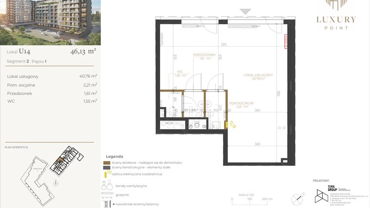 Rzut - Lokal użytkowy na sprzedaż 1 pokój o powierzchni 46,13 m² - numer LU14 w LUXURY POINT