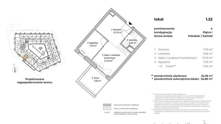 Rzut - Mieszkanie na sprzedaż 1 pokój o powierzchni 34,28 m² - numer 1.22 w OVAL SKY