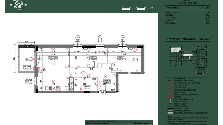 Rzut - Mieszkanie na sprzedaż 3 pokoje o powierzchni 66,85 m² - numer 34 w Wspólnota Mieszkaniowa Gajowa 72