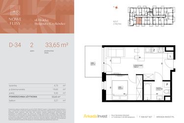 Rzut - Mieszkanie na sprzedaż 2 pokoje o powierzchni 33,65 m² - numer M34_NF.d w Nowe Flisy II