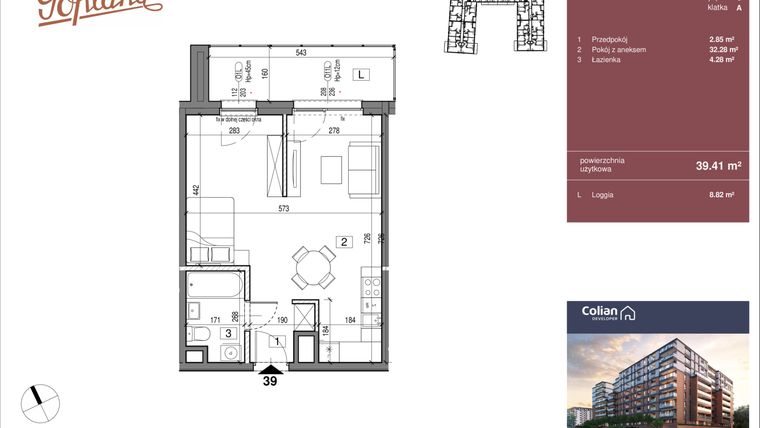 Rzut - Mieszkanie na sprzedaż 1 pokój o powierzchni 39,41 m² - numer G1/39 w Goplana budynek G