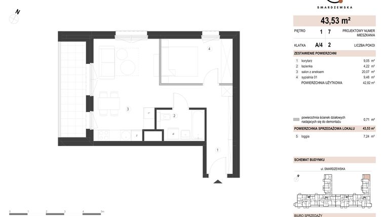 Rzut - Mieszkanie na sprzedaż 2 pokoje o powierzchni 43,53 m² - numer A/4/1.7 w Smardzewska 8