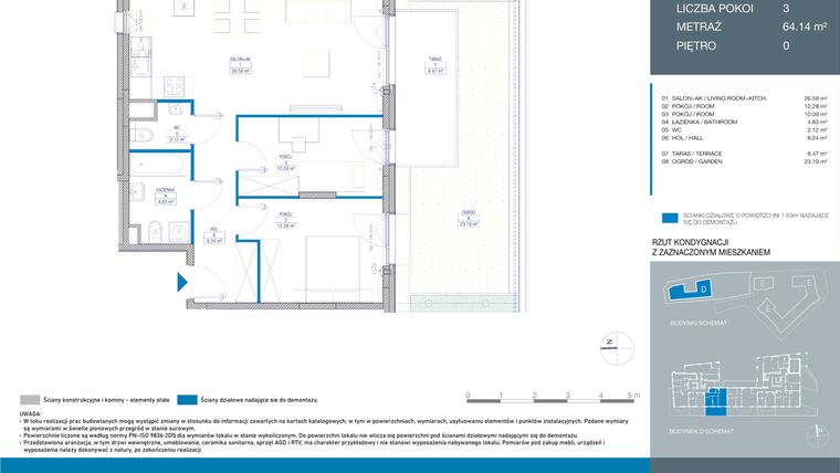 Rzut - Mieszkanie na sprzedaż 3 pokoje o powierzchni 64,14 m² - numer DA0001 w Spokojny Mokotów