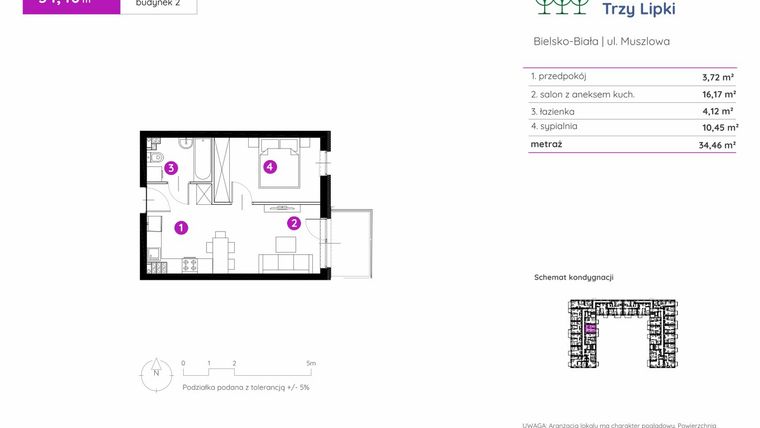 Rzut - Mieszkanie na sprzedaż 2 pokoje o powierzchni 34,46 m² - numer 2.A.2.11 w Murapol Trzy Lipki etap II