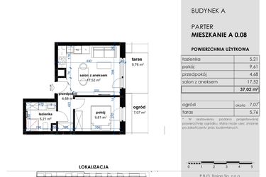 Rzut - Mieszkanie na sprzedaż 2 pokoje o powierzchni 37,02 m² - numer A 0.08 w Osiedle Kwiatowe