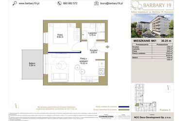 Rzut - Mieszkanie na sprzedaż 2 pokoje o powierzchni 30,25 m² - numer M61 w Barbary 19