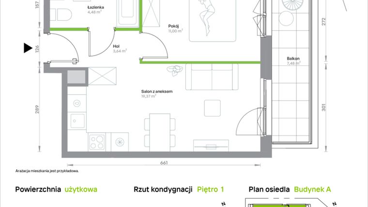 Rzut - Mieszkanie na sprzedaż 2 pokoje o powierzchni 38,49 m² - numer A/1/22 w Krakowska Vita