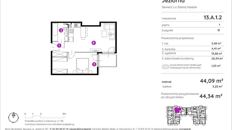 Rzut - Mieszkanie na sprzedaż 2 pokoje o powierzchni 44,34 m² - numer 13.A.1.2 w Murapol Siewierz Jeziorna