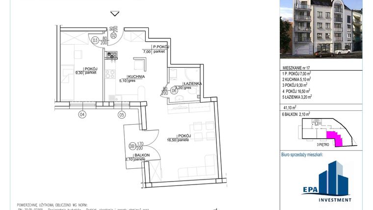 Rzut - Mieszkanie na sprzedaż 2 pokoje o powierzchni 41,1 m² - numer 17 w Kamienica przy ul. Starodomaszowskiej