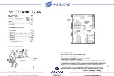 Rzut - Mieszkanie na sprzedaż 3 pokoje o powierzchni 50,91 m² - numer 22.46 w Osiedle Pastelowe etap IV