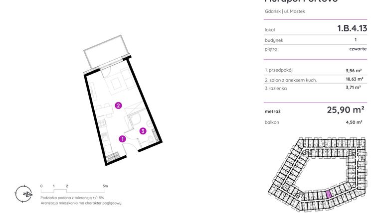 Rzut - Mieszkanie na sprzedaż 1 pokój o powierzchni 25,9 m² - numer 1.B.4.13 w Murapol Portovo etap II