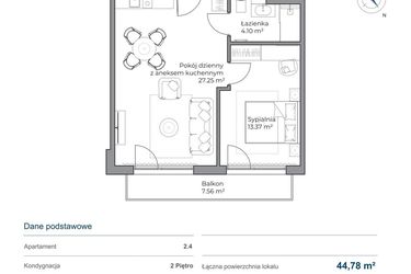 Rzut - Mieszkanie na sprzedaż 2 pokoje o powierzchni 44,72 m² - numer B.2.4 w Anchoria Holiday