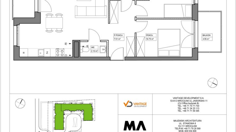 Rzut - Mieszkanie na sprzedaż 3 pokoje o powierzchni 65,84 m² - numer PT/C/1/9 w Przystanek Tarnogaj