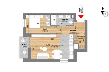 Rzut - Mieszkanie na sprzedaż 2 pokoje o powierzchni 45,11 m² - numer M87 w Przy Kochanowskiego