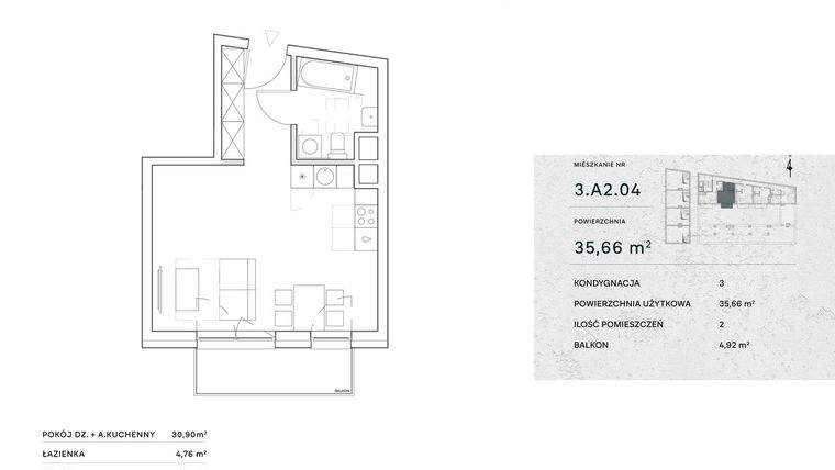 Rzut - Mieszkanie na sprzedaż 1 pokój o powierzchni 35,66 m² - numer 3.A2.04 w Żernicka Park