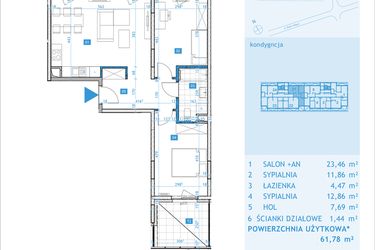 Rzut - Mieszkanie na sprzedaż 3 pokoje o powierzchni 61,78 m² - numer E21 w Osiedle Botaników etap E