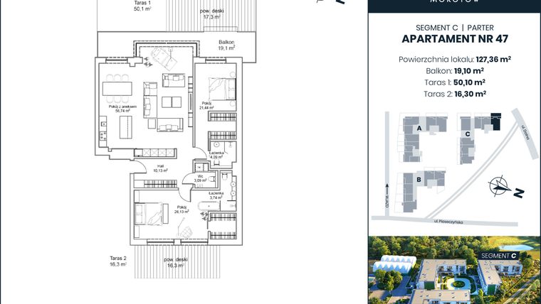 Rzut - Mieszkanie na sprzedaż 3 pokoje o powierzchni 127,36 m² - numer C47 w Oaza Mokotów