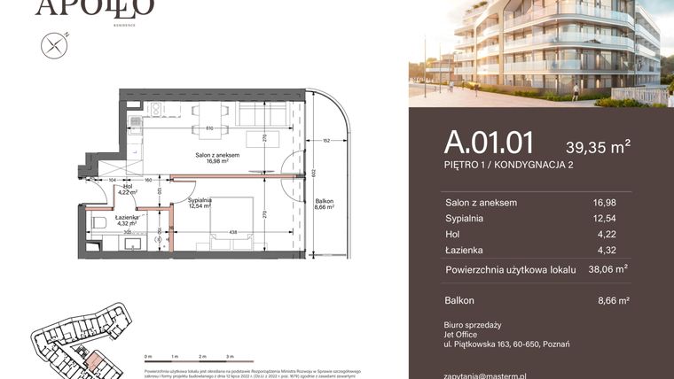 Rzut - Mieszkanie na sprzedaż 2 pokoje o powierzchni 38,06 m² - numer A.1.01 w Apollo Residence