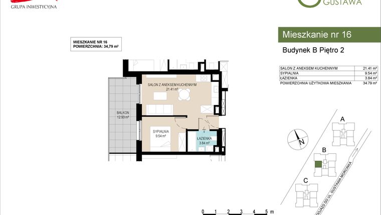 Rzut - Mieszkanie na sprzedaż 2 pokoje o powierzchni 34,79 m² - numer B16 w Wzgórze Gustawa