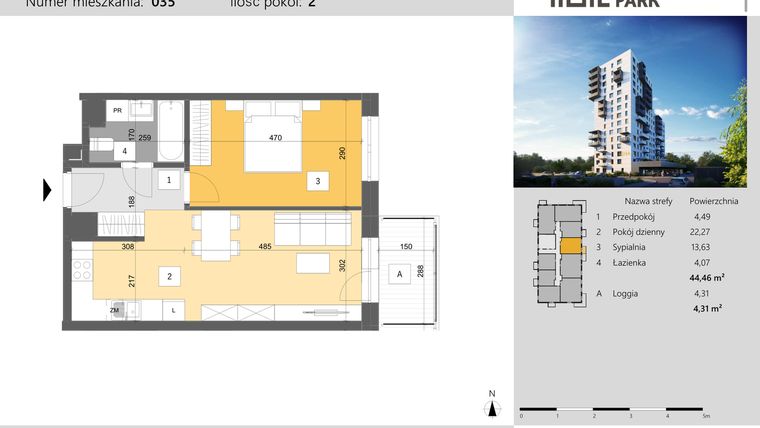 Rzut - Mieszkanie na sprzedaż 2 pokoje o powierzchni 44,46 m² - numer 35 w Dworzysko Park - Etap III