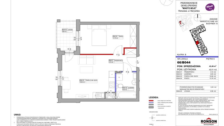 Rzut - Mieszkanie na sprzedaż 2 pokoje o powierzchni 42,49 m² - numer 15_B044 w Miasto Moje 8